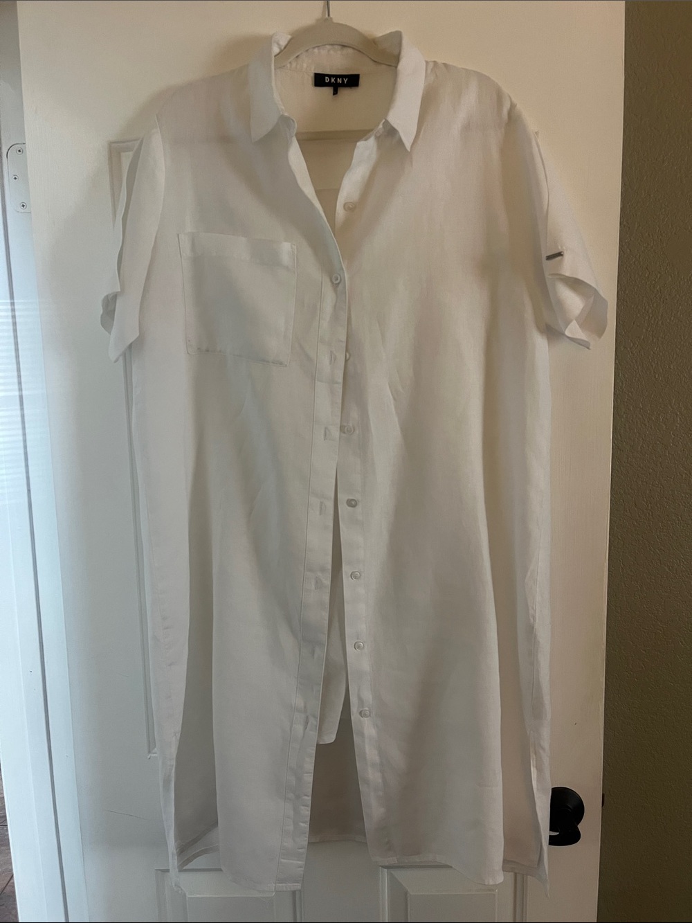 DKNY 100% Linen White Oversized Longline Button-Down Shirtdress
